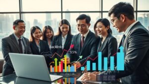 A dynamic visual representation of the importance of Chinese backlinks for SEO, featuring a professional business setting. In the foreground, a diverse team of business professionals in business attire is engaged in a collaborative discussion, analyzing graphs and charts displaying backlink statistics on a modern laptop. In the middle ground, visually appealing infographics illustrate the concept of backlinks in vibrant colors, with arrows signifying growth and connection. The background features a sleek office interior with large windows showcasing a bustling cityscape, symbolizing the competitive online landscape. Soft, natural lighting enhances the atmosphere, creating a focus on teamwork and strategy. The image should reflect a sense of innovation and professionalism, embodying the core strategies of SEO for Traditional Chinese websites. 3A.