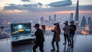 A futuristic landscape showcasing the concept of "3A" gaming technology evolution. In the foreground, a sleek, modern gaming console with holographic displays showcasing vibrant, immersive game worlds. In the middle ground, teams of diverse professional gamers in smart casual attire engaged with advanced VR headsets and interactive controllers, demonstrating dynamic cooperative gameplay. The background features a sprawling cityscape with innovative architecture, including skyscrapers integrated with digital screens displaying game data and trends, glowing under a twilight sky. Soft, ambient lighting highlights the scene, creating a high-tech yet inviting atmosphere, while visual elements hint at emerging trends in the gaming industry, conveying excitement and potential.