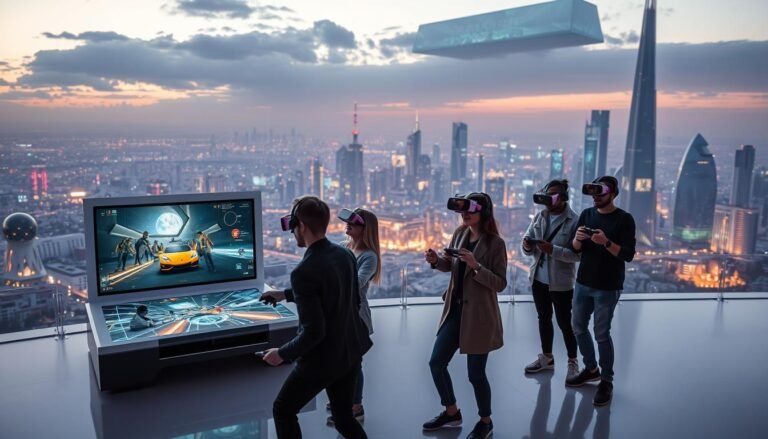 A futuristic landscape showcasing the concept of "3A" gaming technology evolution. In the foreground, a sleek, modern gaming console with holographic displays showcasing vibrant, immersive game worlds. In the middle ground, teams of diverse professional gamers in smart casual attire engaged with advanced VR headsets and interactive controllers, demonstrating dynamic cooperative gameplay. The background features a sprawling cityscape with innovative architecture, including skyscrapers integrated with digital screens displaying game data and trends, glowing under a twilight sky. Soft, ambient lighting highlights the scene, creating a high-tech yet inviting atmosphere, while visual elements hint at emerging trends in the gaming industry, conveying excitement and potential.