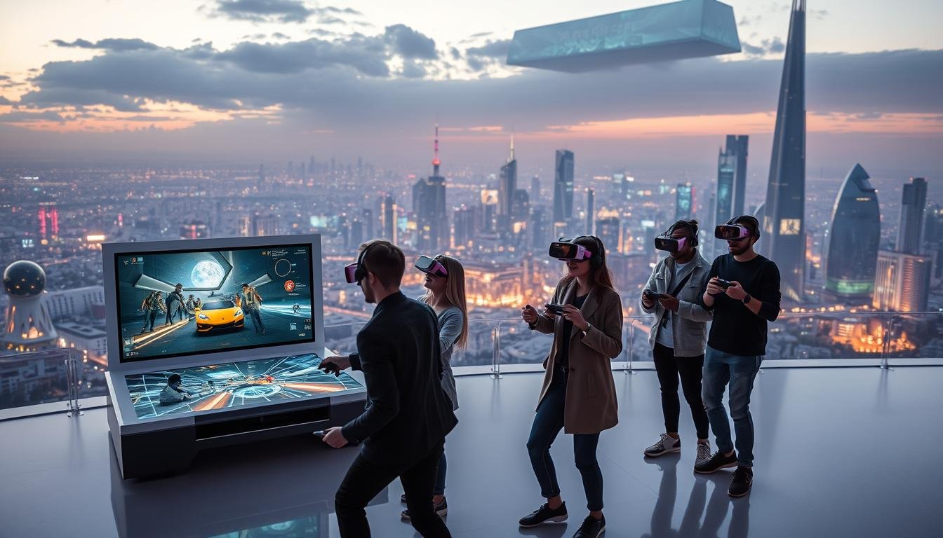 A futuristic landscape showcasing the concept of "3A" gaming technology evolution. In the foreground, a sleek, modern gaming console with holographic displays showcasing vibrant, immersive game worlds. In the middle ground, teams of diverse professional gamers in smart casual attire engaged with advanced VR headsets and interactive controllers, demonstrating dynamic cooperative gameplay. The background features a sprawling cityscape with innovative architecture, including skyscrapers integrated with digital screens displaying game data and trends, glowing under a twilight sky. Soft, ambient lighting highlights the scene, creating a high-tech yet inviting atmosphere, while visual elements hint at emerging trends in the gaming industry, conveying excitement and potential.