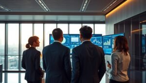 A modern data analysis office representing "3A Entertainment City", with a sleek, high-tech ambiance. In the foreground, a diverse group of four professionals in business attire collaboratively examining vibrant data visualizations on multiple digital screens. The middle area features a large interactive display showing complex graphs and real-time analytics, highlighting how cloud data systems eliminate ineffective circuits. In the background, floor-to-ceiling windows reveal a cityscape, bathed in soft daylight, creating a bright and optimistic atmosphere. The overall lighting is warm yet professional, with a focus on the glowing screens, emphasizing data-driven insights and efficiency in website operations.