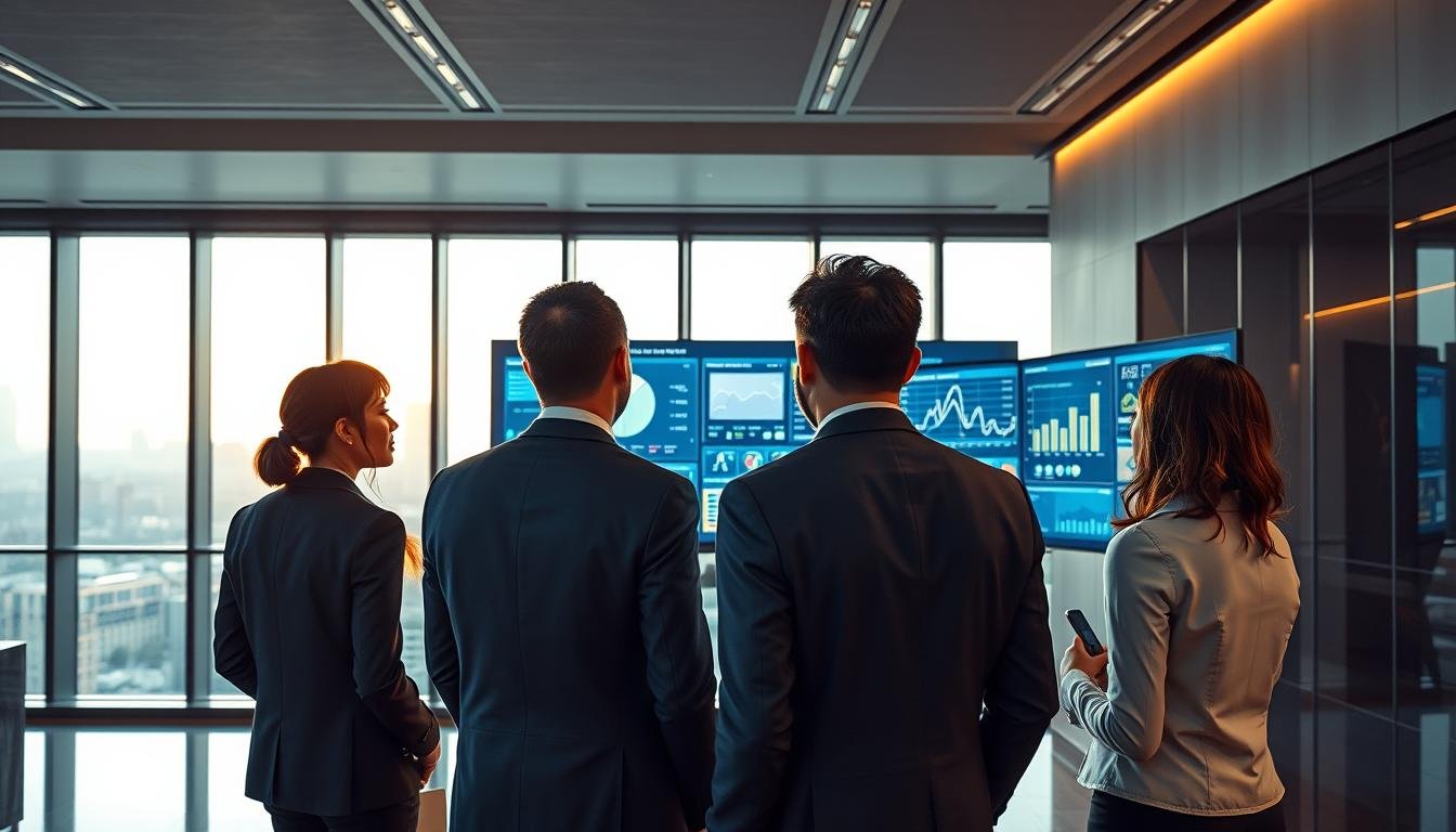 A modern data analysis office representing "3A Entertainment City", with a sleek, high-tech ambiance. In the foreground, a diverse group of four professionals in business attire collaboratively examining vibrant data visualizations on multiple digital screens. The middle area features a large interactive display showing complex graphs and real-time analytics, highlighting how cloud data systems eliminate ineffective circuits. In the background, floor-to-ceiling windows reveal a cityscape, bathed in soft daylight, creating a bright and optimistic atmosphere. The overall lighting is warm yet professional, with a focus on the glowing screens, emphasizing data-driven insights and efficiency in website operations.