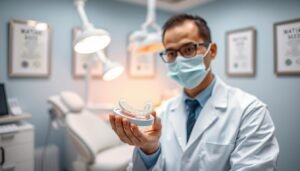 A realistic dental clinic scene featuring a professional orthodontist examining a cutting-edge "止鼻鼾牙套" (anti-snoring dental appliance). In the foreground, the orthodontist, dressed in a pristine white coat and protective mask, is holding the dental device with a thoughtful expression. The middle ground showcases a well-lit treatment area with dental tools and a modern chair, while the background features soothing tones of light blue walls and framed dental certificates. Soft, diffused lighting creates a calm atmosphere, emphasizing the innovative design of the dental appliance. The image should evoke a sense of professionalism and trust, highlighting the technological advancement of dental solutions for snoring issues.