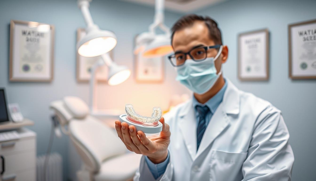 A realistic dental clinic scene featuring a professional orthodontist examining a cutting-edge "止鼻鼾牙套" (anti-snoring dental appliance). In the foreground, the orthodontist, dressed in a pristine white coat and protective mask, is holding the dental device with a thoughtful expression. The middle ground showcases a well-lit treatment area with dental tools and a modern chair, while the background features soothing tones of light blue walls and framed dental certificates. Soft, diffused lighting creates a calm atmosphere, emphasizing the innovative design of the dental appliance. The image should evoke a sense of professionalism and trust, highlighting the technological advancement of dental solutions for snoring issues.