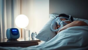 A well-lit, cozy bedroom scene featuring a person wearing a CPAP mask comfortably asleep, illustrating the effectiveness of a sleep apnea machine. The foreground shows the patient peacefully resting on a soft pillow, with the CPAP machine subtly positioned on a bedside table, glowing with a soft blue light. In the middle ground, a serene nightstand holds a glass of water and a small clock, emphasizing a tranquil atmosphere. The background reveals gentle, muted colors of the room, with softly draped curtains allowing a hint of moonlight to seep in. The overall mood is calm and reassuring, highlighting the benefits of continuous positive airway pressure therapy for improved sleep. The composition should evoke a sense of comfort and well-being, ideal for understanding the impact of sleep appliances.