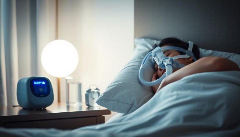 A well-lit, cozy bedroom scene featuring a person wearing a CPAP mask comfortably asleep, illustrating the effectiveness of a sleep apnea machine. The foreground shows the patient peacefully resting on a soft pillow, with the CPAP machine subtly positioned on a bedside table, glowing with a soft blue light. In the middle ground, a serene nightstand holds a glass of water and a small clock, emphasizing a tranquil atmosphere. The background reveals gentle, muted colors of the room, with softly draped curtains allowing a hint of moonlight to seep in. The overall mood is calm and reassuring, highlighting the benefits of continuous positive airway pressure therapy for improved sleep. The composition should evoke a sense of comfort and well-being, ideal for understanding the impact of sleep appliances.