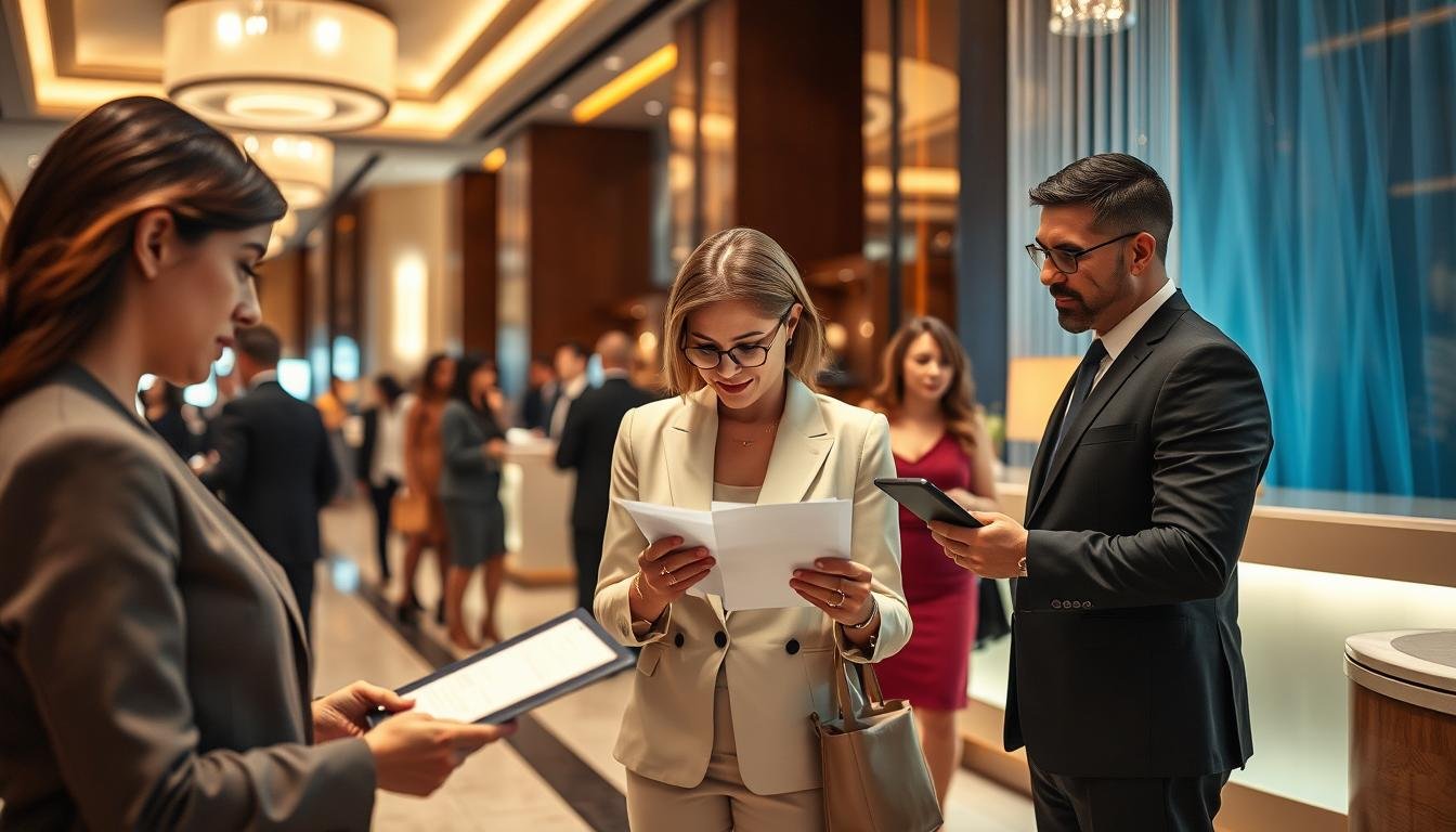 A busy hotel lobby filled with professionals engaged in discussions and transactions. In the foreground, a businesswoman in a professional attire checks invoices on a tablet while a businessman beside her reviews documentation. The middle ground features elegantly dressed guests interacting and receiving service from attentive staff at the reception desk. The background showcases tasteful décor typical of a luxury hotel, with modern lighting and plush furnishings, creating an upscale atmosphere. Soft, warm lighting illuminates the scene, with lens effects emphasizing depth. Convey a mood of professionalism, order, and efficient business interactions, reflecting the impact of consumption auditing in the hospitality industry.