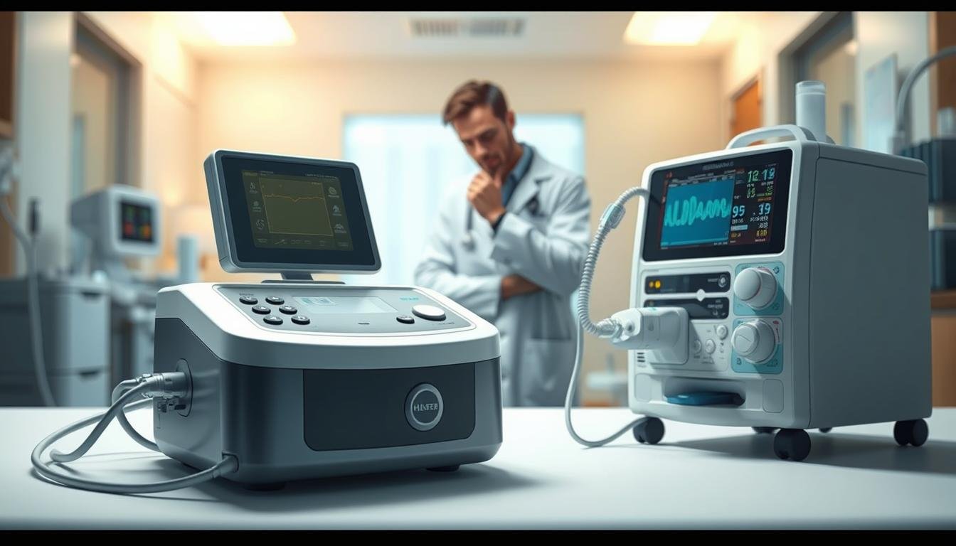 A detailed illustration showcasing a sleep apnea machine and a ventilator, set in a clinical environment. In the foreground, prominently feature the sleep apnea machine with a sleek, modern design, displaying its controls and tubing. Next to it, place a ventilator, with visible screens and settings, illustrating their distinct functionalities. The middle ground includes a medical professional in a lab coat, thoughtfully examining the devices, emphasizing a sense of expertise. In the background, softly blurred, is a hospital room that conveys a sterile, calm atmosphere, illuminated by soft, warm lighting. The overall mood is informative and reassuring, aimed at demystifying these medical devices. The camera angle is slightly elevated, providing a comprehensive view of the machines and the medical professional engaged with them.