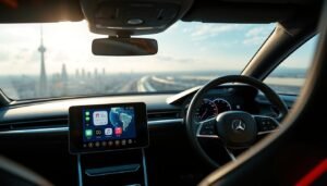 A futuristic car interior showcasing a seamless integration of CarPlay within a modern car dashboard. In the foreground, the dashboard features a sleek touchscreen interface displaying maps, music, and vehicle diagnostics, glimmering under soft ambient lighting. The middle ground includes a high-tech steering wheel with touch-sensitive controls and a digital speedometer, all designed in a minimalistic style with a focus on user-friendly interaction. The background depicts a panoramic windshield with a scenic view of a city, hinting at connectivity while driving. The atmosphere is sophisticated and innovative, emphasizing the trend towards digitalization in automotive technology. The image captures a bright, inviting mood illuminated by subtle LED lights integrated into the dashboard design.