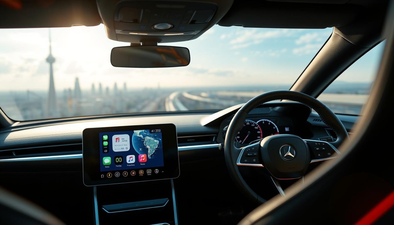 A futuristic car interior showcasing a seamless integration of CarPlay within a modern car dashboard. In the foreground, the dashboard features a sleek touchscreen interface displaying maps, music, and vehicle diagnostics, glimmering under soft ambient lighting. The middle ground includes a high-tech steering wheel with touch-sensitive controls and a digital speedometer, all designed in a minimalistic style with a focus on user-friendly interaction. The background depicts a panoramic windshield with a scenic view of a city, hinting at connectivity while driving. The atmosphere is sophisticated and innovative, emphasizing the trend towards digitalization in automotive technology. The image captures a bright, inviting mood illuminated by subtle LED lights integrated into the dashboard design.