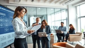A modern office setting featuring a diverse group of professionals engaged in a discussion around security measures to prevent fraudulent accounts. In the foreground, a woman in business attire is analyzing documents and pointing to a large digital screen displaying flowcharts and security protocols related to electronic wallet binding processes. In the middle, a diverse team, including a man and a woman, are reviewing data on laptops, emphasizing collaboration. The background shows glass partitions, modern furniture, and a large window letting in natural light, creating a bright and focused atmosphere. The mood is serious yet proactive, highlighting themes of compliance and diligence in safeguarding against money laundering and identity fraud. The lighting is bright and professional, evoking a sense of urgency and importance.