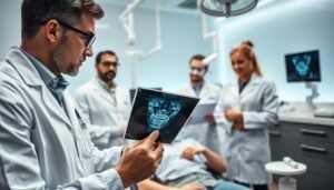 A professional dental implant team in a modern clinic setting, showcasing a diverse group of three expertly trained dental professionals in white lab coats, equipped with advanced surgical instruments. The foreground features a dentist with glasses carefully examining an x-ray image, while another team member assists with tools ready for the procedure. In the middle, a patient relaxed in a dental chair, looking confident and reassured, is engaged in conversation with the team. The background reveals high-tech dental equipment and bright, calming lighting that creates a sterile yet welcoming atmosphere. The scene captures a sense of professionalism and trust, conveying the importance of choosing a reputable clinic like仁健牙科 for dental implant surgeries. The shot is taken from a slight angle, emphasizing teamwork and expertise in dental care.