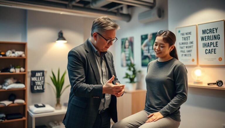 A professional, modern physiotherapy clinic in Wan Chai, Hong Kong, showcasing a serene environment. In the foreground, a physiotherapist dressed in smart casual attire is gently examining a patient who shows signs of acute muscle strain or joint sprain. The patient, wearing comfortable clothing, displays a concerned but hopeful expression. In the middle ground, various physiotherapy tools and equipment are neatly organized, emphasizing the clinical setting. Warm, soft lighting fills the space, creating an inviting and reassuring atmosphere. The background includes calming visuals like plants and motivational posters about recovery and health. The angle is slightly elevated, giving an overview of the interaction while focusing on the patient’s symptoms, emphasizing the importance of understanding muscle injuries and sprains.