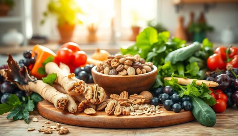 A vibrant, artistic arrangement of natural foods that promote vitality and health, showcasing an array of colorful ingredients such as ginseng, walnuts, dark leafy greens, and berries. The foreground features a beautifully styled wooden cutting board with fresh and organic vegetables and fruits, glistening under soft, warm lighting. In the middle, a rustic bowl filled with assorted nuts and seeds complements the vibrant produce, conveying a sense of nourishment. The background presents a softly blurred kitchen setting, filled with natural sunlight filtering through a window, enhancing the fresh and wholesome atmosphere. The overall mood is inviting and energetic, emphasizing the concept of natural dietary choices for enhancing male vitality in a professional and health-conscious manner.