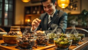 A beautifully arranged table featuring a selection of different types of "定點茶" from Taichung, showcasing their vibrant colors and intricate textures. In the foreground, a polished wooden tea set with steaming cups displays the rich brown and green hues of the tea leaves. The middle ground captures a close-up of a subtly smiling person in professional business attire, thoughtfully examining the tea, highlighting the discerning nature of tea selection. The background features a softly blurred Taichung tea house, illuminated by warm, inviting light, creating a cozy and intimate atmosphere reminiscent of a romantic moment. The image exudes a cinematic vibe with a focus on detail and authenticity, encouraging viewers to appreciate the art of discerning tea quality through visual cues.