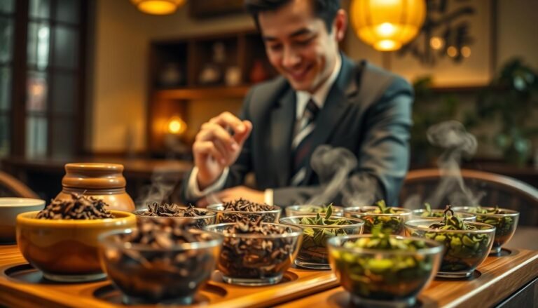 A beautifully arranged table featuring a selection of different types of "定點茶" from Taichung, showcasing their vibrant colors and intricate textures. In the foreground, a polished wooden tea set with steaming cups displays the rich brown and green hues of the tea leaves. The middle ground captures a close-up of a subtly smiling person in professional business attire, thoughtfully examining the tea, highlighting the discerning nature of tea selection. The background features a softly blurred Taichung tea house, illuminated by warm, inviting light, creating a cozy and intimate atmosphere reminiscent of a romantic moment. The image exudes a cinematic vibe with a focus on detail and authenticity, encouraging viewers to appreciate the art of discerning tea quality through visual cues.