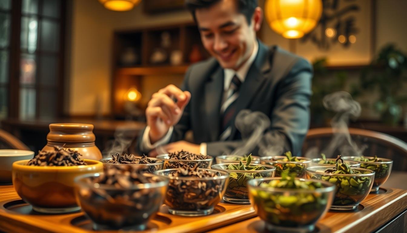 A beautifully arranged table featuring a selection of different types of "定點茶" from Taichung, showcasing their vibrant colors and intricate textures. In the foreground, a polished wooden tea set with steaming cups displays the rich brown and green hues of the tea leaves. The middle ground captures a close-up of a subtly smiling person in professional business attire, thoughtfully examining the tea, highlighting the discerning nature of tea selection. The background features a softly blurred Taichung tea house, illuminated by warm, inviting light, creating a cozy and intimate atmosphere reminiscent of a romantic moment. The image exudes a cinematic vibe with a focus on detail and authenticity, encouraging viewers to appreciate the art of discerning tea quality through visual cues.