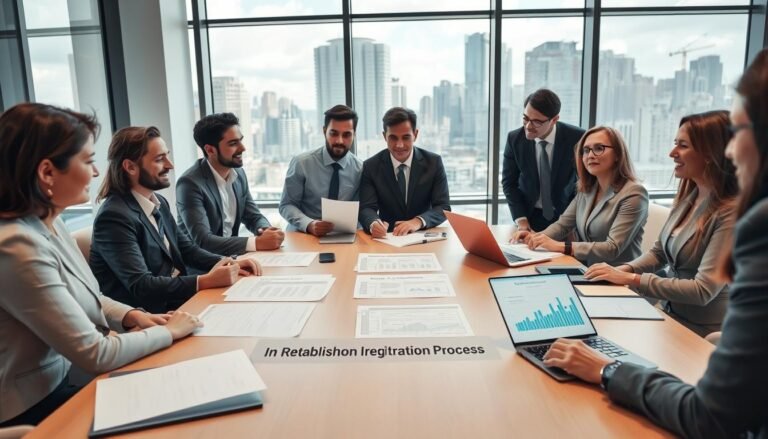 A professional business meeting scene in a modern office setting, focusing on the steps to establish a limited liability company. In the foreground, diverse individuals in business attire are actively discussing investment strategies, surrounded by paperwork and digital devices. The middle ground features a large conference table with documents titled "Company Registration Process" and a laptop displaying a financial chart. The background reveals a cityscape view through large windows, allowing natural light to illuminate the space and create a warm, productive atmosphere. The overall mood is optimistic and collaborative, emphasizing the importance of sound business practices. The image is to be captured with a wide-angle lens for a dynamic perspective.