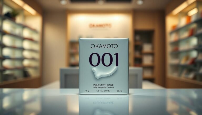 A sleek, modern package of "Okamoto 001 Polyurethane Condoms" displayed prominently in the foreground, showcasing its ultra-thin design. The package is elegantly designed with a minimalistic aesthetic, featuring a subtle sheen that reflects the lights, indicating its high-quality material. In the middle ground, a clean, minimalist countertop can be seen, adding a sophisticated touch to the presentation. Soft, ambient lighting creates a warm atmosphere, highlighting the features of the package while maintaining a professional look. The background is blurred, suggesting a pharmacy or health store setting with soft colors, reinforcing the theme of sexual health. The overall mood is contemporary and informative, aimed at emphasizing the innovative aspects of polyurethane material.