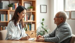 A compassionate psychiatrist, Dr. Liang Yuen-san, is discussing cognitive impairment care strategies with a senior patient in a cozy, well-lit office. In the foreground, Dr. Liang, a middle-aged Asian woman in professional attire, is attentively listening while taking notes. The senior patient, an elderly man, is seated across the desk, displaying a thoughtful expression. In the middle ground, a bookshelf filled with psychology books and plants adds an academic touch. The background features soft, neutral-colored walls with framed certificates, creating a warm and inviting atmosphere. Soft daylight filters through a window, enhancing the calm and supportive environment, symbolizing hope and professionalism in psychiatric care. The image should be serene and reassuring, capturing the essence of mental health support.