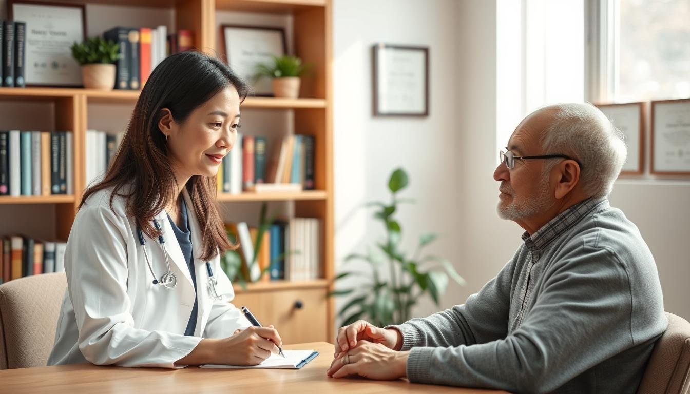A compassionate psychiatrist, Dr. Liang Yuen-san, is discussing cognitive impairment care strategies with a senior patient in a cozy, well-lit office. In the foreground, Dr. Liang, a middle-aged Asian woman in professional attire, is attentively listening while taking notes. The senior patient, an elderly man, is seated across the desk, displaying a thoughtful expression. In the middle ground, a bookshelf filled with psychology books and plants adds an academic touch. The background features soft, neutral-colored walls with framed certificates, creating a warm and inviting atmosphere. Soft daylight filters through a window, enhancing the calm and supportive environment, symbolizing hope and professionalism in psychiatric care. The image should be serene and reassuring, capturing the essence of mental health support.