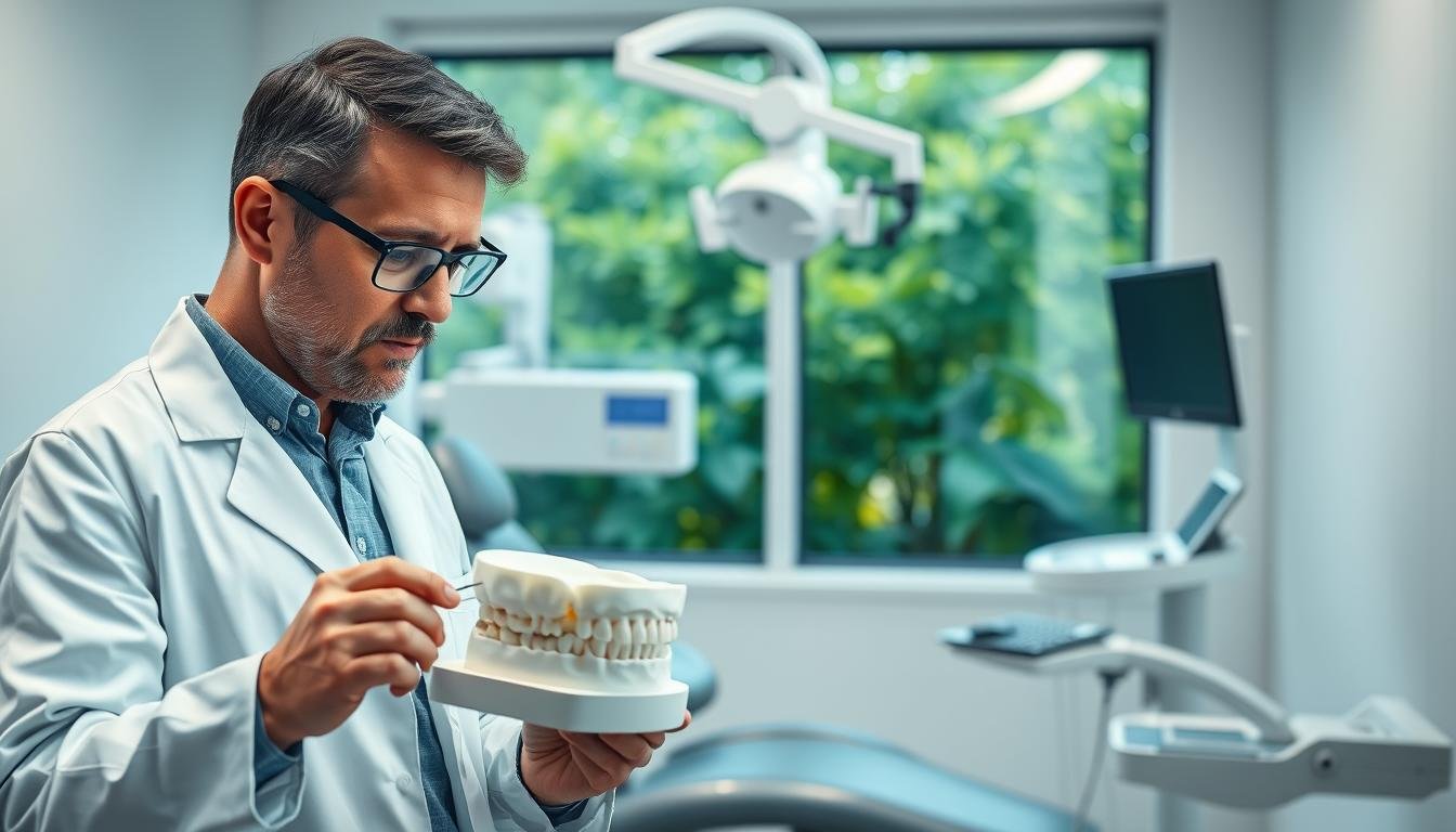 A detailed dental clinic scene showcasing a dental implant procedure, emphasizing the effects of sinus lift and bone graft surgery on treatment duration. In the foreground, a focused dentist in a white coat, with professional glasses, is examining a 3D dental model. The middle ground features a high-tech dental chair with advanced equipment, including an x-ray machine and surgical tools, illuminated by bright, clean LED lighting. In the background, a window shows a serene view of a lush garden, creating a calming atmosphere. The image should convey professionalism and precision, reflecting the meticulous nature of dental implant treatments, with a soft focus on the dentist and equipment while subtly capturing the overall environment. The composition should be well-balanced and visually appealing, aiming to educate and inform about the added complexities of the procedure.