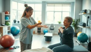 A serene and inviting pain treatment center focused on non-pharmaceutical methods is represented. In the foreground, a professional therapist, dressed in modest casual clothing, demonstrates a gentle shoulder mobilization technique on a middle-aged patient, who appears relaxed and engaged. The middle ground features various rehabilitation equipment like stability balls, resistance bands, and massage tools, all organized neatly. The background showcases large windows allowing natural light to filter in, illuminating the calm atmosphere. Soft, warm lighting enhances the mood, promoting a sense of healing and recovery. The overall color palette consists of soothing blues and greens, creating a tranquil environment conducive to rehabilitation and wellness.