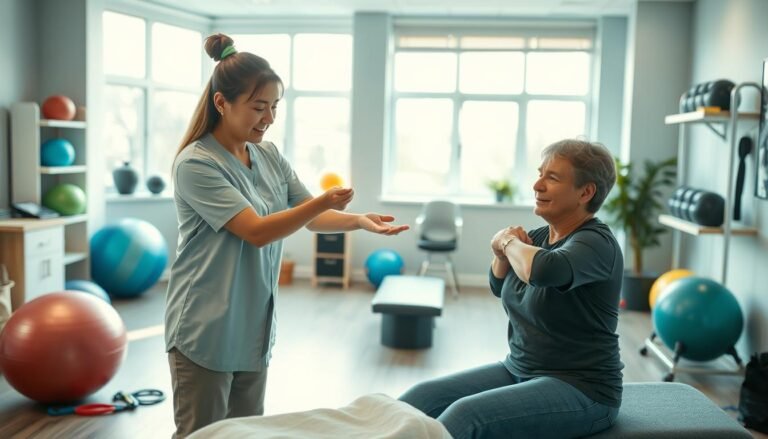 A serene and inviting pain treatment center focused on non-pharmaceutical methods is represented. In the foreground, a professional therapist, dressed in modest casual clothing, demonstrates a gentle shoulder mobilization technique on a middle-aged patient, who appears relaxed and engaged. The middle ground features various rehabilitation equipment like stability balls, resistance bands, and massage tools, all organized neatly. The background showcases large windows allowing natural light to filter in, illuminating the calm atmosphere. Soft, warm lighting enhances the mood, promoting a sense of healing and recovery. The overall color palette consists of soothing blues and greens, creating a tranquil environment conducive to rehabilitation and wellness.
