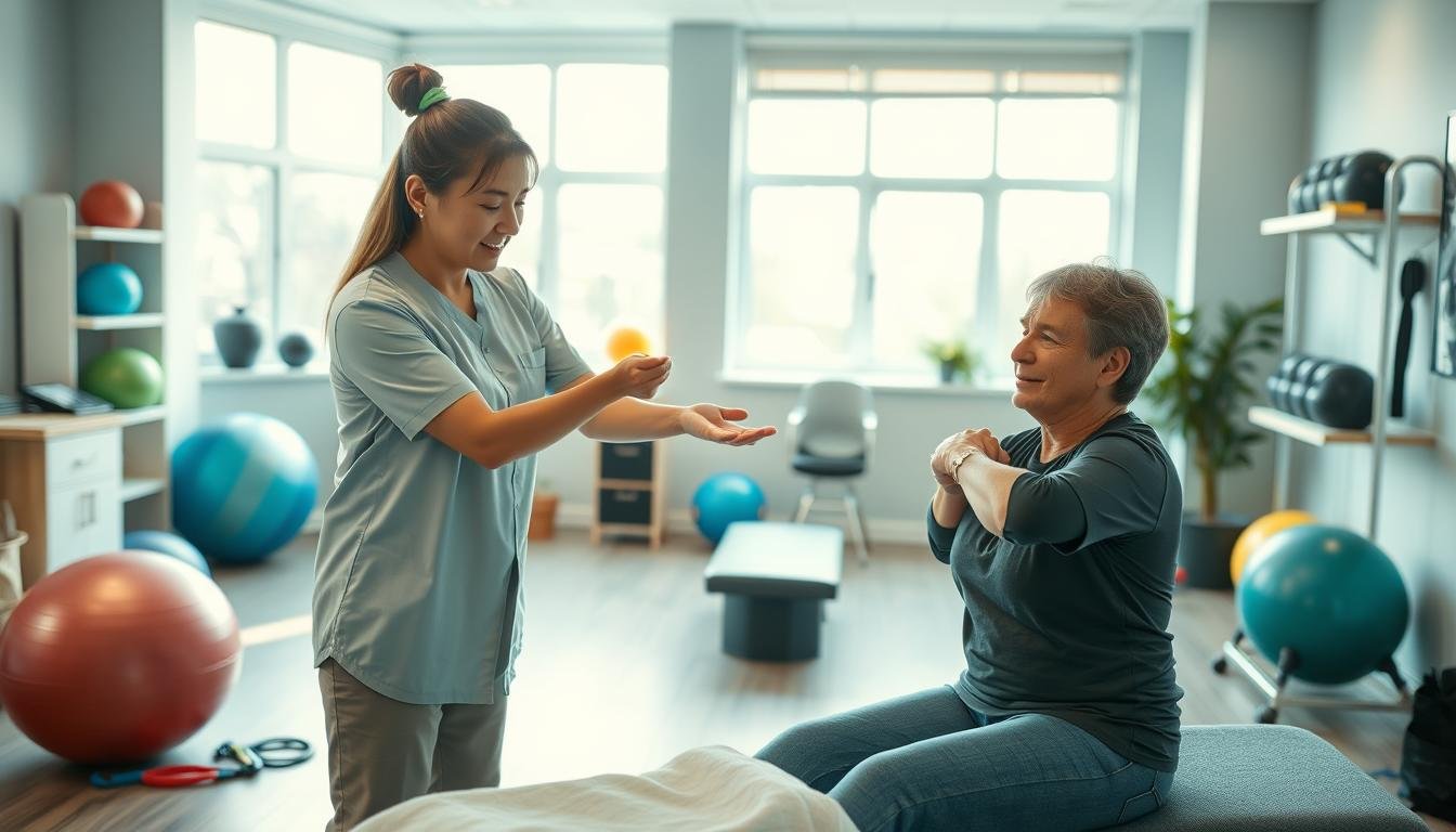 A serene and inviting pain treatment center focused on non-pharmaceutical methods is represented. In the foreground, a professional therapist, dressed in modest casual clothing, demonstrates a gentle shoulder mobilization technique on a middle-aged patient, who appears relaxed and engaged. The middle ground features various rehabilitation equipment like stability balls, resistance bands, and massage tools, all organized neatly. The background showcases large windows allowing natural light to filter in, illuminating the calm atmosphere. Soft, warm lighting enhances the mood, promoting a sense of healing and recovery. The overall color palette consists of soothing blues and greens, creating a tranquil environment conducive to rehabilitation and wellness.