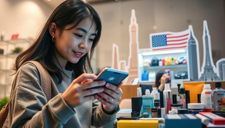 A split scene depicting the influence of U.S. purchasing agents on Taiwanese consumers. In the foreground, a Taiwanese consumer is closely examining a smartphone showcasing flashy U.S. products in an online storefront. The consumer, wearing modest casual clothing, displays a look of fascination and curiosity. In the middle ground, show a variety of U.S. merchandise such as cosmetics, electronics, and fashion items, enticingly displayed on a table. In the background, incorporate imagery of iconic American landmarks, subtly emphasizing the connection between the U.S. and Taiwan's shopping habits. Soft, warm lighting creates an inviting atmosphere, while a shallow depth of field draws focus to the consumer and the products. The overall mood should convey excitement and intrigue regarding cross-border shopping experiences.